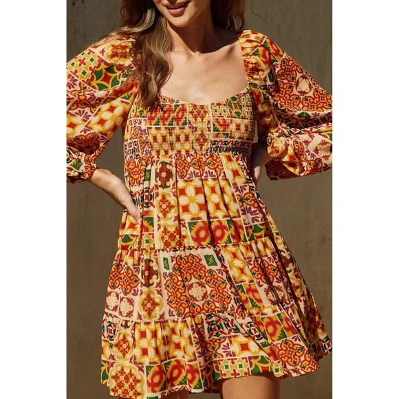 Aritzia Dresses & Skirts - Aritzia Dress Forum Women Mini Dress Large Patchwork Boho Square Neck Puff Sleev